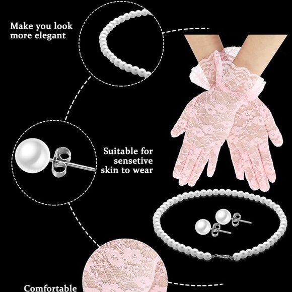 Women Fascinators Hats Set Pink Lace Gloves Pearl Jewelry for Tea Party - Picture 4 of 7